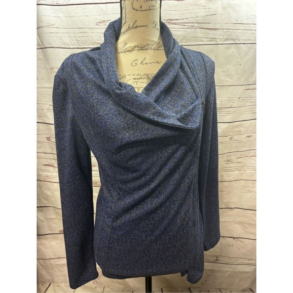 Blue Textured Knit Jacket Asymmetrical Zip Up Shawl Collar Long Sleeve